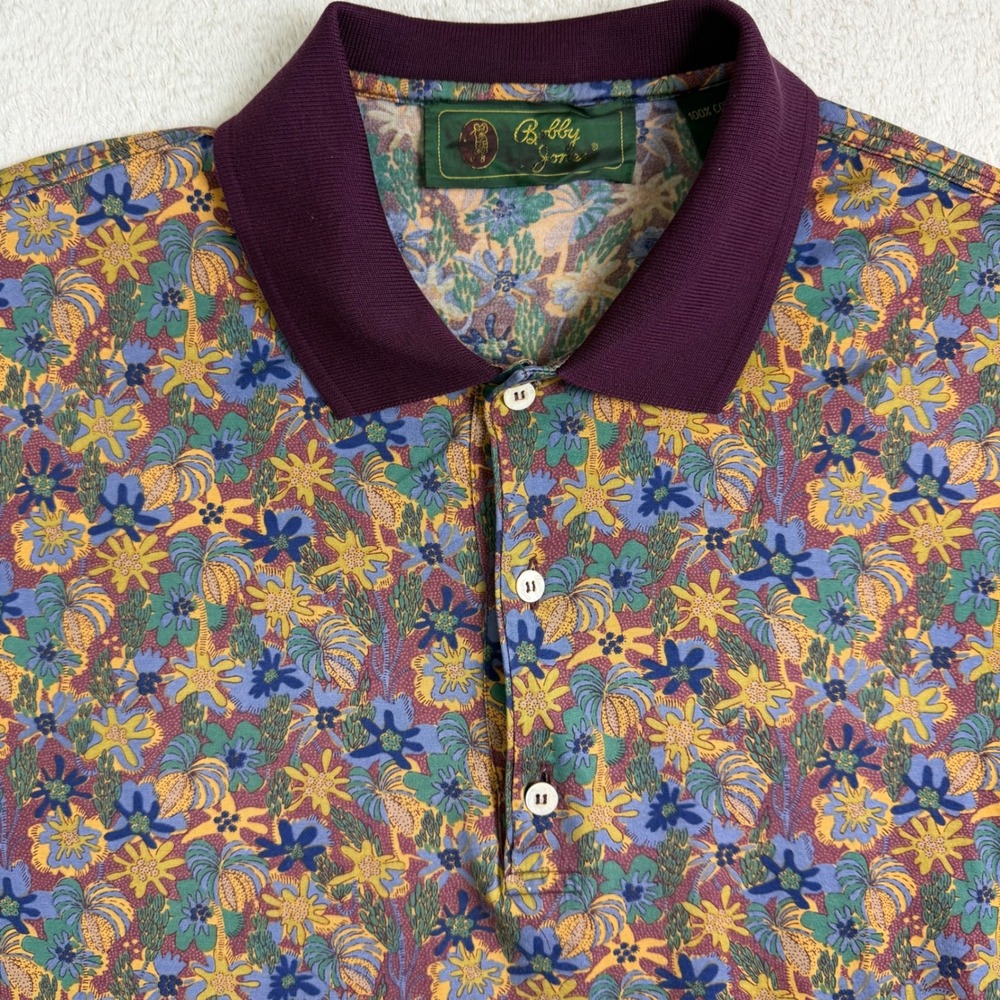 Vtg 90s Bobby Jones Polo Large All Over Floral Tropical Cotton Made in Italy